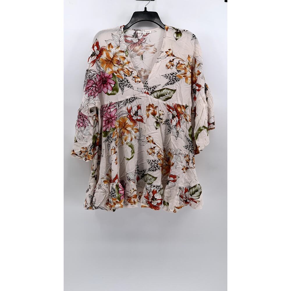 LABEL OF LOVE Women's White Floral V-Neck 3/4 Sleeve Top SZ M
